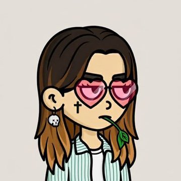 A cartoon avatar of a girl with brown hair, pink heart-shaped sunglasses, a cross facial mark, a panda earring, and a leaf in her mouth, wearing a striped shirt.