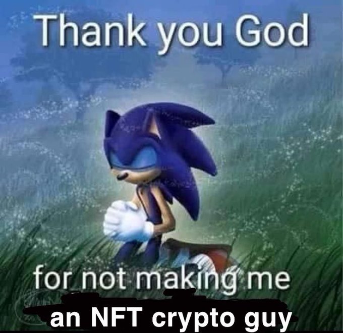 A meme featuring Sonic the Hedgehog in a praying pose in a grassy field, with text reading 'Thank you God for not making me an NFT crypto guy.'