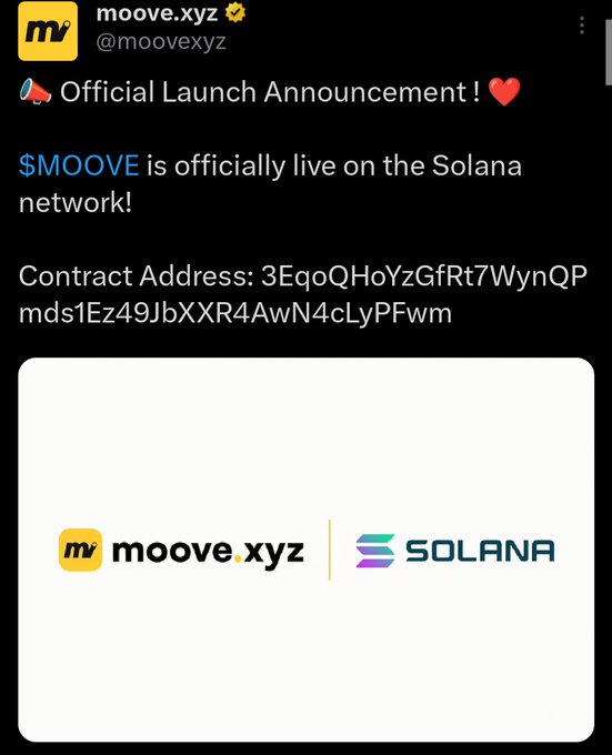 The image shows a computer screen displaying a Twitter post related to Moove and Solana. A message from someone named @moovekyz has been retweeted, announcing that an official launch announcement for the Solana blockchain will be held on September 9th. The message also mentions that there may have been some security issues with the account responsible for the announcement (referred to as a "hacked Moove x account"), but they are working to resolve it. It is important not to buy or invest in this token at this time, and users should pay attention to updates regarding its status on September 9th.