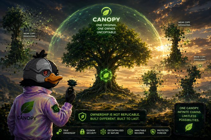 A promotional graphic for 'CANOPY' featuring a character in a penguin hoodie beside a large glowing tree, with text highlighting 'ONE ORIGINAL, ONE OWNER, UNCOPYABLE' and features like 'TRUE OWNERSHIP', 'ESCROW SECURITY', and 'DECENTRALIZED BY NATURE'.