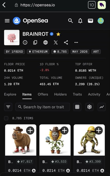 A screenshot of the OpenSea NFT marketplace showing a collection called "BRAINROT" with 8,785 items on Ethereum, displaying a floor price of 0.0214 ETH and featuring cartoonish items including a capybara in red sneakers, a sunflower, and a green creature.