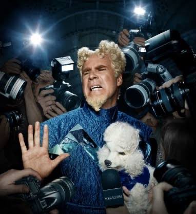 Will Ferrell, dressed in a flashy blue sequined jacket, holds a small white dog amid a swarm of flashing camera lenses, evoking a chaotic paparazzi scene that mirrors the frenzied media hype surrounding Solana. A microphone displaying "SOLANA" reinforces the post's claim that the crypto platform is the glamorous showstopper keeping the industry in the spotlight.
