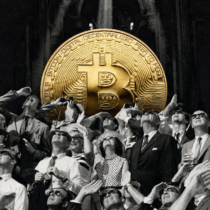 A black and white vintage photograph of a crowd of people in formal attire and 1950s-style sunglasses looking upward in awe, with a massive golden Bitcoin coin superimposed above them against a cathedral-like interior.