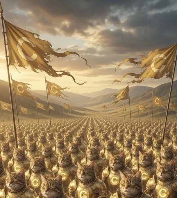 A massive army of golden-armored cats stands in formation across a vast plain, waving tattered banners emblazoned with the letter "C" beneath a dramatic sunset sky. The whimsical, surreal image humorously reinforces the post's optimism about "cate coin" by depicting a grand, almost religious following ready to march toward retirement wealth.