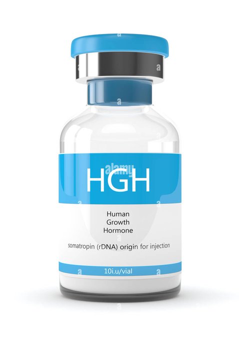 A product image of a glass vial labeled 'HGH' (Human Growth Hormone) with a blue and white label indicating 10 i.u./vial and somatropin (rDNA) origin for injection.
