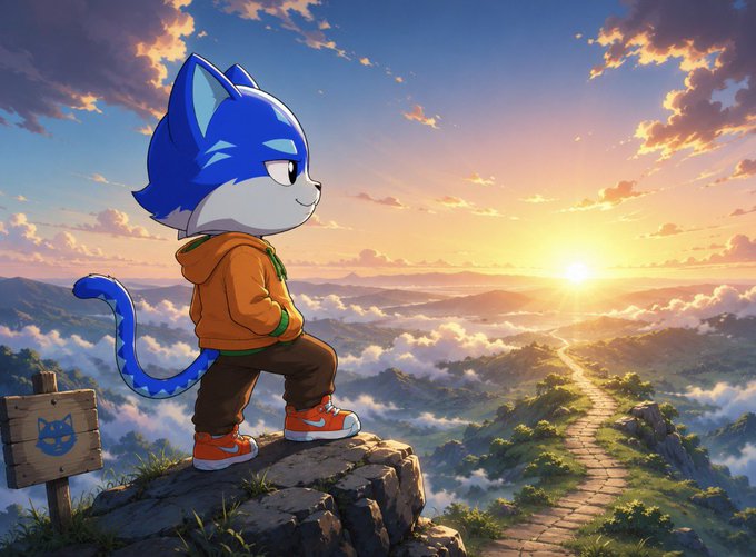 The image features a cartoon cat standing on top of a cliff, looking out at a beautiful sunset over mountains. The cat appears to be wearing an orange jacket and has a blue hat on its head. In the background, there are trees that add to the scenic view. The caption "Never lose hope" is written in white text above the image.