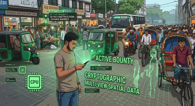 A digital illustration of a busy street scene features a man using a smartphone that projects green holographic text including 'ACTIVE BOUNTY', '3D RECONSTRUCTION DAMAGE ASSESS', and 'CRYPTOGRAPHIC MULTI-VIEW SPATIAL DATA', alongside green auto rickshaws.