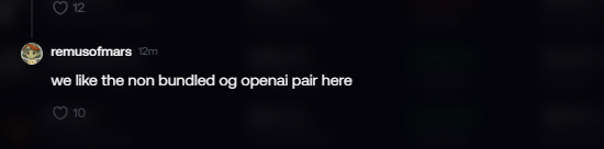 The image shows a tweet from user "remusofmars" (posted 12 minutes ago) that reads "we like the non bundled og openai pair here," with 12 likes visible and 10 below. The tweet defends the "non-bundled" status of an "og openai" trading pair, which directly contradicts the post's claim that the coin was indeed bundled, suggesting the tweet is being mocked for its denial.