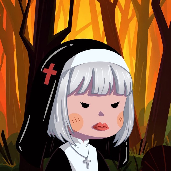A chibi-style illustration of a small nun with white hair, a black habit, and a cross necklace stands with her eyes closed in a dark forest with fiery orange trees, evoking a haunting, mystical atmosphere fitting for an NFT collection.