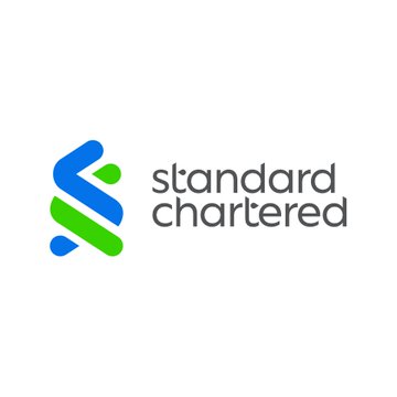 The logo of Standard Chartered bank is displayed on a white background, featuring a stylized blue and green interwoven ribbon design next to the company name.