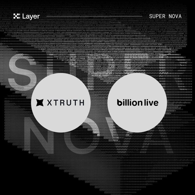 The image features a black and white poster with the words "Super Nova" written at the top. Below this, there are two logos - one for "X Layer" and another for "Billion Live", both in white text against a black background. The text on the poster reads: "Introducing Super Nova, a new initiative designed to discover high-potential individual developers or projects building on X Layer".