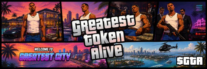 A vibrant promotional banner featuring pixel-art style graphics showcases a muscular character in a white tank top alongside scenes of Miami-like cityscapes, sports cars, and a helicopter, with bold text reading "Greatest Token Alive," "Welcome to Greatest City," and "SGGA" — visually riffing on the Grand Theft Auto (GTA) aesthetic to hype the $GTA token's recent price surge and trading volume on Solana.