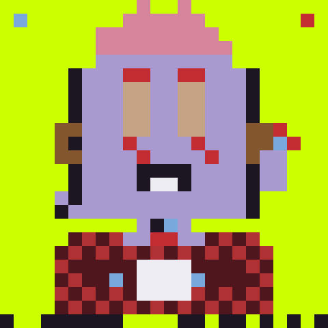 A pixel art bust of a purple-skinned, pink-haired character with large eyes, displayed against a bright green background, appears to be one of the "1/1 pixel busts" mentioned in the HoodForged × Isotopes collaboration announcement.
