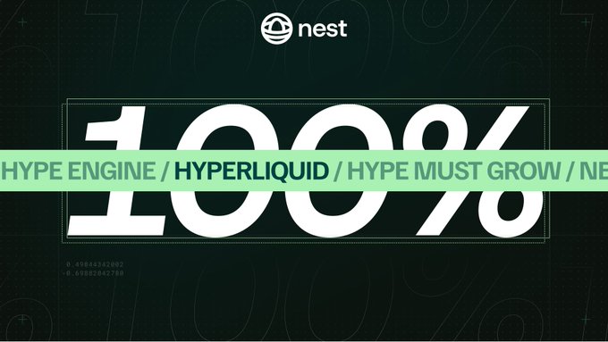 The image features a logo of a sign with green and white text. The text appears to be from the game "Nest" or from an online trading platform named Nest. It reads, "100% of nest trading fees go to veNEST. since deployment, a 3% fee was held back from veNEST distributions, earmarked for an infrastructure partnership under an agreement that was being finalized." This text suggests a connection between the game or online platform and a virtual currency like Nest Trading Fee's or hyper Liquid fund.