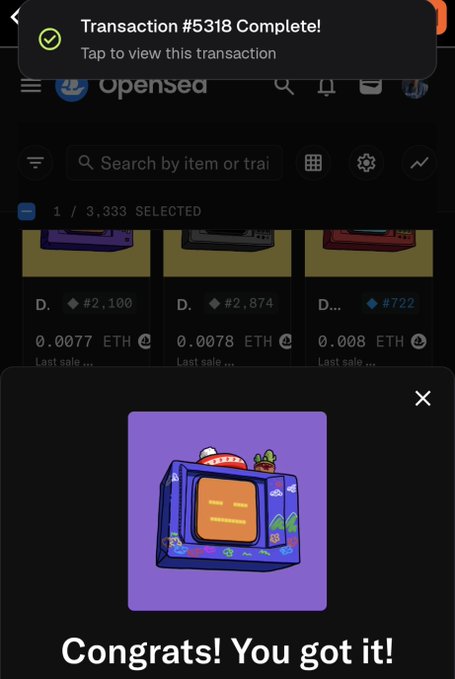 A screenshot of a successful NFT purchase on OpenSea, showing Transaction #5318 completed with the message "Congrats! You got it!" displayed beneath a purple cartoon-style NFT. The transaction confirmation aligns with the post celebrating the acquisition of up to 4 DRB NFTs.