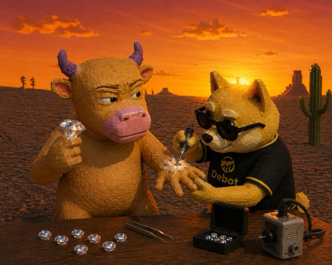 A 3D cartoon scene featuring a bull holding a diamond and a dog wearing sunglasses and a 'Debot' shirt examining diamonds with tweezers, set in a desert at sunset with a cactus.