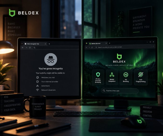 A promotional image for "BELDEX" compares a standard incognito browser tab with Beldex Browser, highlighting features like Privacy Focused Browsing, Better Integration, Ad Blocking, and Anti Fingerprinting, with text noting "DIFFERENT BROWSER A MORE PRIVATE YOU."