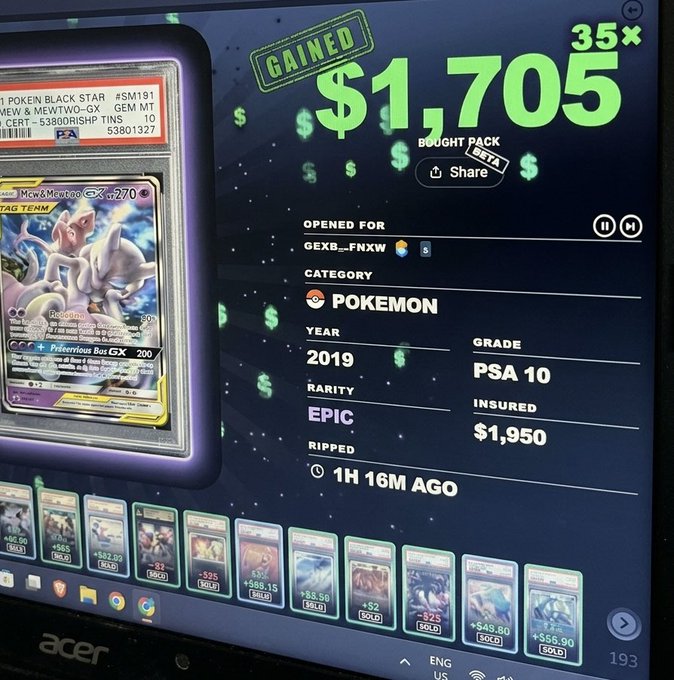 A computer monitor displaying a Pokémon card opening interface, highlighting a graded 'Mewtwo & Mew GX' card with text '35x $1,705 BOUGHT PACK' and 'PSA 10' details.