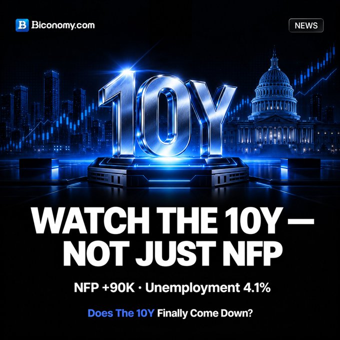 A financial news graphic from Biconomy.com with the headline 'WATCH THE 10Y — NOT JUST NFP' featuring a 3D '10Y' sculpture, the US Capitol building, and stock chart graphics, with text noting 'NFP: +90K · Unemployment 4.1%' and 'Does The 10Y Finally Come Down?'.