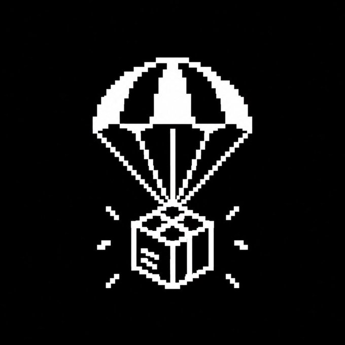 A monochrome illustration of a pixelated parachute delivering a cube-shaped package, symbolizing an onchain crypto airdrop. The image visually represents the "$AIRDROP" distribution to holders and creators mentioned in the accompanying post.