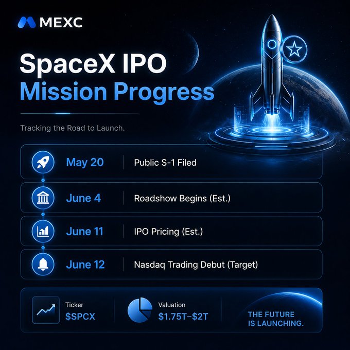 The image features a poster for the SpaceX IPO mission progress. The poster displays a rocket with a star on top of it, indicating that the launch has been successful. It also includes text about the IPO process and shares information about the campaign. The poster is designed in a visually appealing manner to attract attention and convey important details about the upcoming launch.