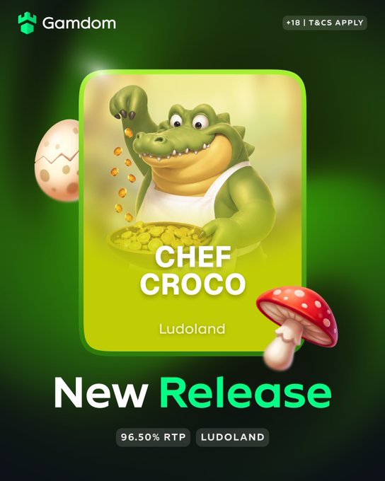 A promotional graphic for Gamdom's new release 'Chef Croco' by Ludoland, featuring a cartoon crocodile chef with a 96.50% RTP label and '<18 | T&CS APPLY' disclaimer.