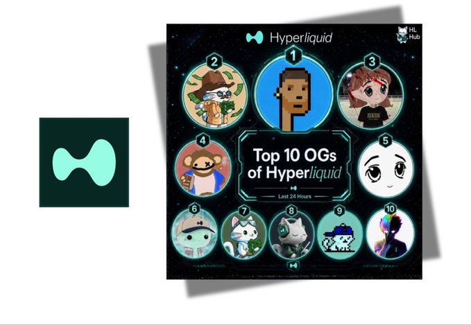 A promotional graphic for Hyperliquid features the text 'Top 10 OGs of Hyperliquid — Last 24 Hours,' displaying 10 ranked NFT character avatars alongside the project logo.