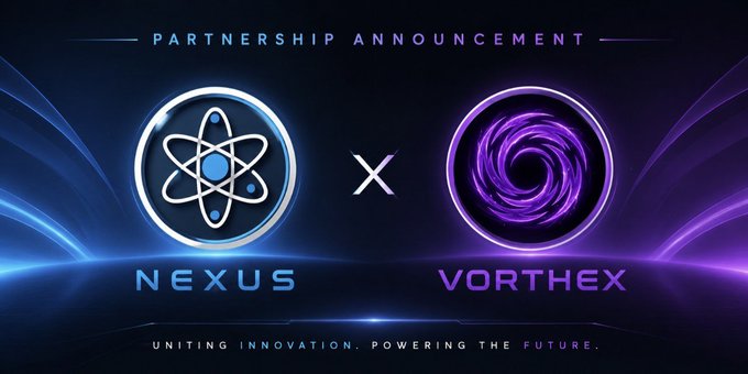 A 'PARTNERSHIP ANNOUNCEMENT' graphic featuring two glowing circular logos: a blue atom-like design labeled 'NEXUS' and a purple spiral labeled 'VORTHEX', with the tagline 'UNITING INNOVATION. POWERING THE FUTURE.'