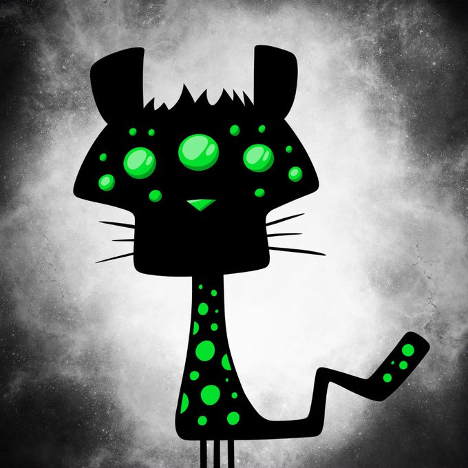 A stylized black cat illustration with glowing green eyes and green spotted patterns on its body and tail, set against a smoky gray background.