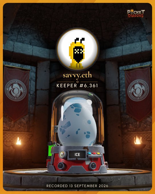 A digital collectible card from 'Pocket Dragons' showing an egg in an incubator labeled 'ICE', with the owner 'savvy.eth' listed as 'KEEPER #6,361' and recorded on 13 September 2026.