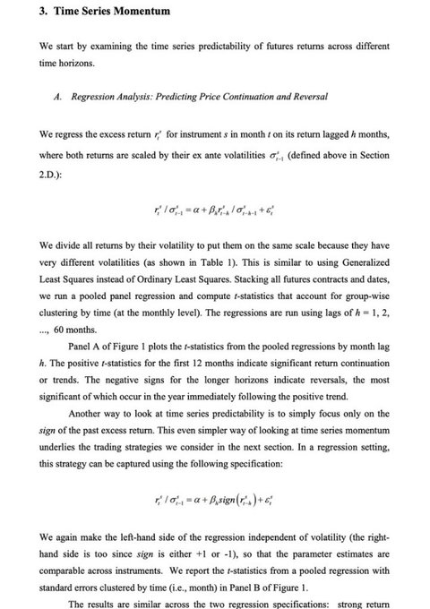 The image displays a page from an academic paper on Time Series Momentum, specifically Section 3 discussing regression analysis to predict price continuation and reversal in futures returns across different time horizons (1-60 months). The page features regression equations and references to "Panel A" and "Panel B" of Figure 1, which plots t-statistics for pooled regressions by month lag, directly supporting the post's claim about time series momentum strategies that buy assets after 12 months of price increases.