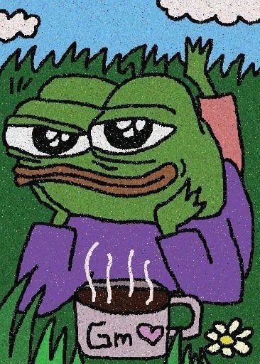 A hand-drawn illustration of a sad Pepe the Frog character wearing a purple shirt, holding a steaming cup labeled 'Gm ♡' with a small daisy nearby.