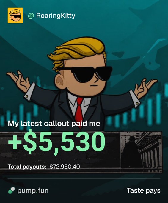 A promotional image branded "@RoaringKitty" features a cartoon character with blonde hair and sunglasses shrugging, displaying text "My latest callout paid me +$5,530" with "Total payouts: $72,950.40" and a "pump.fun" logo. The post references using the pump.fun "stimmy" (earnings) to buy more memes, directly tying into the image's boast of callout profits totaling nearly $73K.