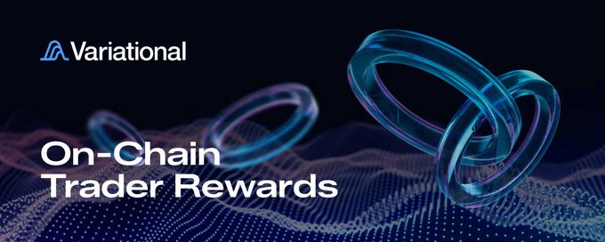 The image is a promotional banner for Variational's On-Chain Trader Rewards program, featuring the Variational logo and bold text against a dark blue background with stylized circular and wave-like graphics. It visually supports the announcement of their $1M+ rewards initiative targeting active onchain perps traders, as referenced in the accompanying post.