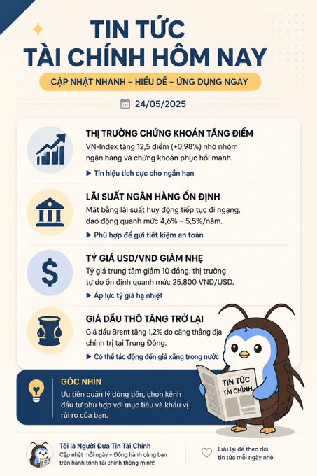Vietnamese financial news infographic dated 24/05/2025 titled 'TIN TỨC TÀI CHÍNH HÔM NAY' (Today's Financial News), featuring updates on VN-Index rising 12.5 points, bank lending rates at 4.6%-5.5%/year, USD/VND exchange rate around 25,800, and Brent crude oil up 1.2%, accompanied by a cartoon penguin mascot.