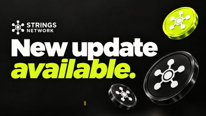 A black promotional banner for 'STRINGS NETWORK' announces a 'New update available.' in large white and lime green text, accompanied by 3D coin tokens featuring a network node logo.