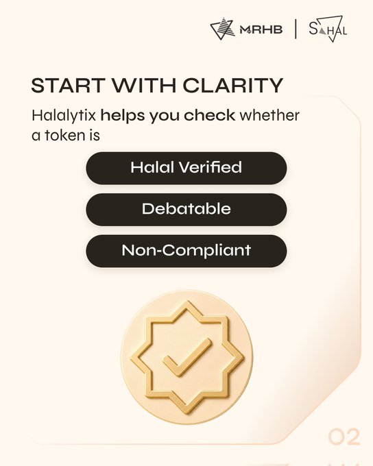 A second MRHB and Sahal infographic titled 'START WITH CLARITY', explaining that Halalytix helps check tokens against three categories: 'Halal Verified', 'Debatable', and 'Non-Compliant', shown with a gold verification checkmark badge.