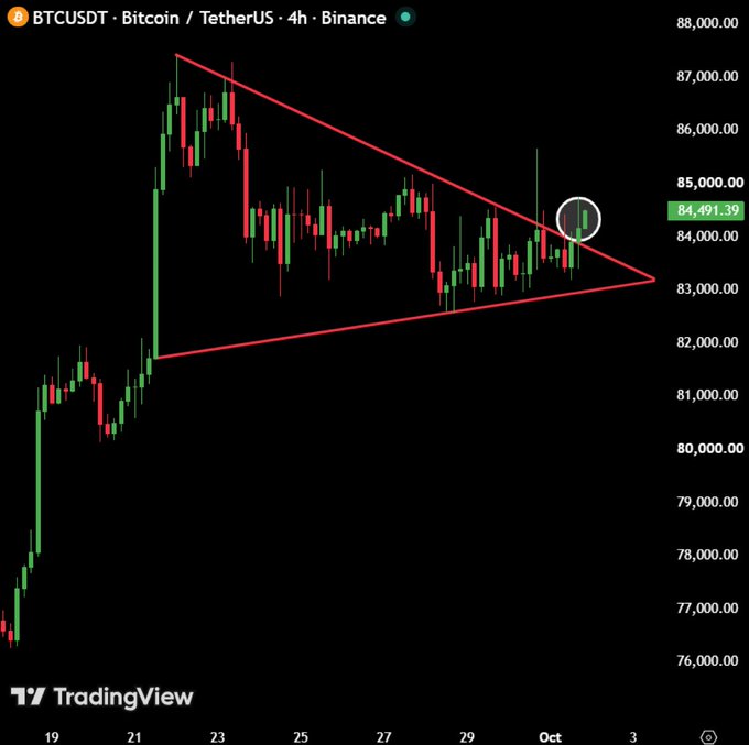 A Bitcoin/TetherUS (BTCUSDT) 4-hour candlestick chart on Binance from TradingView showing price action around $84,491.39 with a red symmetrical triangle pattern drawn over the price action.