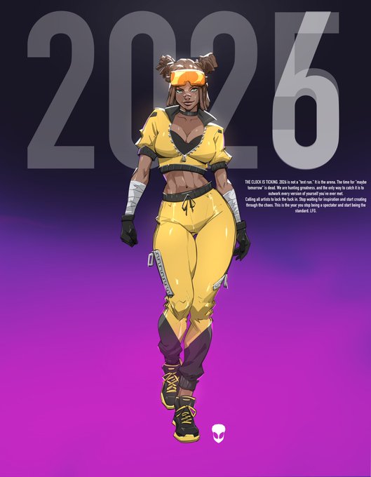 The image shows a stylized character concept illustration of a young woman with double buns and orange-tinted eyewear, wearing a yellow tracksuit with cropped jacket, bandaged arms, and high-top sneakers, set against a purple gradient background featuring large faded "2026" text and a small descriptive blurb about "The Class Is Yours." The artwork embodies the creator's caption, reflecting the meticulous, multi-day effort and countless revisions to "set the standard" for their 2026 character design.