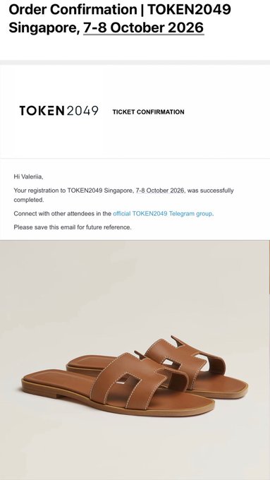 Order confirmation email for TOKEN2049 Singapore, 7-8 October 2026, addressed to Valeria, featuring an image of brown leather Hermes-style slide sandals.