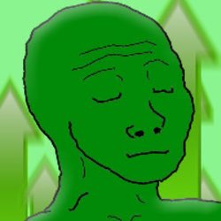 A low-poly style 3D rendered green character (the Stonks meme) appears with eyes closed against a green-tinted background.