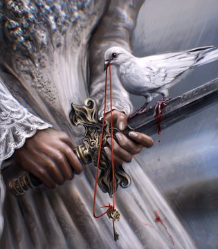 A digital painting depicting a person in a white, beaded dress holding an ornate cross-shaped sword, with a white dove perched on the blade and red liquid dripping from it.