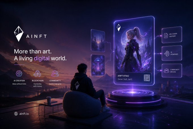A futuristic digital landscape shows a person sitting on a bean bag watching a holographic display of an "AINFT" character, with the tagline "More than art. A living digital world." alongside features like "AI CREATION," "BLOCKCHAIN," "COMMUNITY," "ON-CHAIN HISTORY," "AI POWERED," and "COMMUNITY DRIVEN," illustrating how AINFT combines AI and blockchain to give digital art its own identity, history, and ecosystem.