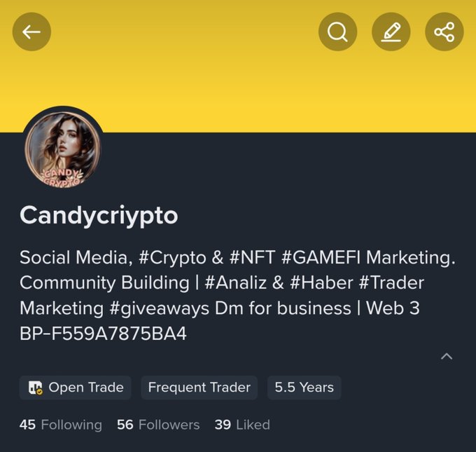 A social media profile for 'Candycrypto' focused on Social Media, Crypto, NFT, and GAMEFI Marketing, noting they are a 'Frequent Trader' with 45 Following, 56 Followers, and 39 Liked.