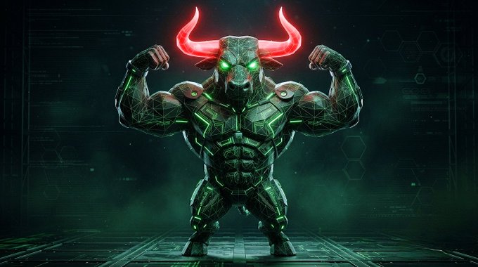 A menacing, armored cyber-bull creature with glowing green geometric patterns and bright red horns, posed with flexed arms against a dark, tech-themed background.