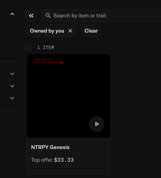 A dark marketplace interface showing an item named 'NTRPY Genesis' with a 'Top offer $33.33' and a 'SIGNAL ACQUIRED / DECRYPTING TRANSMISSION' message.