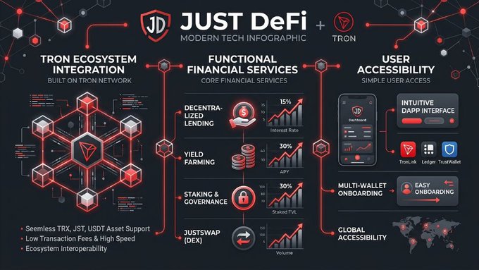 The image is a dark-themed infographic titled "JUST DeFi – Modern Tech Infographic," highlighting the platform's integration with the Tron ecosystem, its core financial services (decentralized lending at 15% interest, yield farming at 30% APY, staking & governance at 30% staked TVL, and JustSwap DEX volume), and user accessibility features including a simple DApp interface, multi-wallet support (TronLink, Ledger, TrustWallet), and global accessibility.