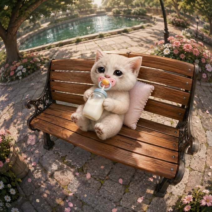 A cute white kitten with a pacifier sitting on a wooden park bench holding a baby bottle of milk, with a pond and flower garden in the background.