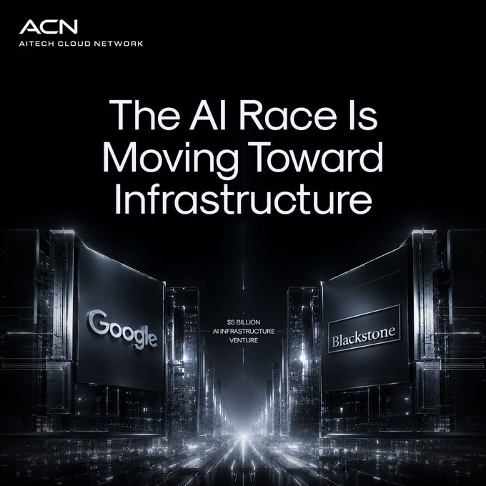 The image features two large billboards with the words "Google" and "Blackstone" written on them, set against a black background. The text above the billboards reads "The AI Race Is Moving Toward Infrastructure!". This suggests that there might be an upcoming collaboration or partnership between these two tech giants in the field of artificial intelligence.