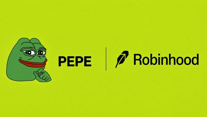 A green graphic showing the Pepe the Frog meme next to 'PEPE | Robinhood' logos.